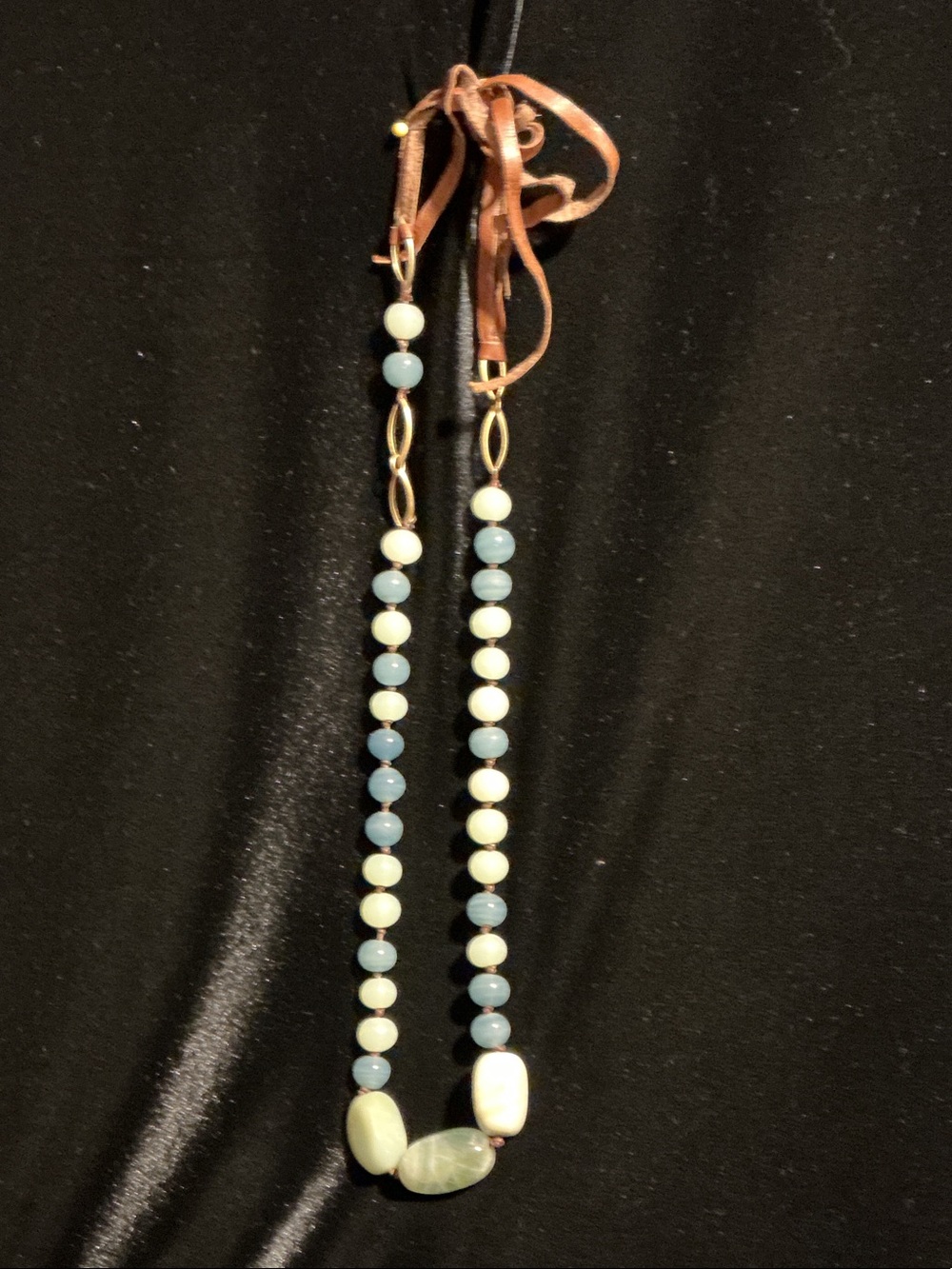 Green and Cream Beaded Long Necklace with Leather Tie